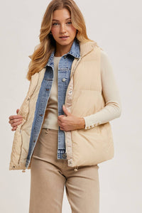 Riverton Layered Look Puffer Vest – Women’s Denim Trim Padded Vest, Fall Winter Zip-Up Outerwear