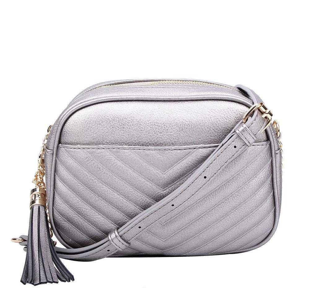 Veronica V-Stitch Tassel Crossbody Bag – Coffee & Stone | Faux Leather Small Purse with Double Zipper Top, Adjustable Strap, Gold Hardware