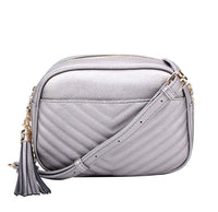 Veronica V-Stitch Tassel Crossbody Bag – Coffee & Stone | Faux Leather Small Purse with Double Zipper Top, Adjustable Strap, Gold Hardware