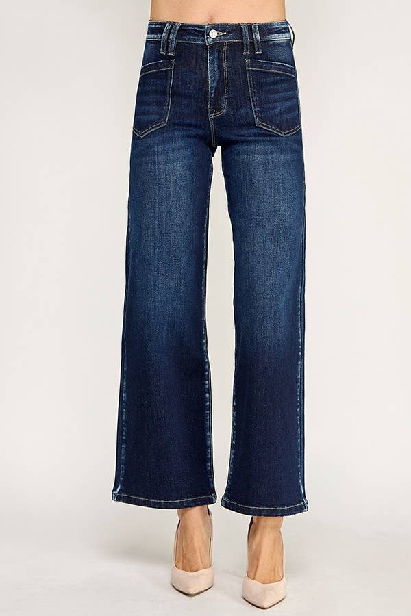 Petra "Sloane"  Patch Pocket Wide Leg High Rise Jeans: Dark Wash