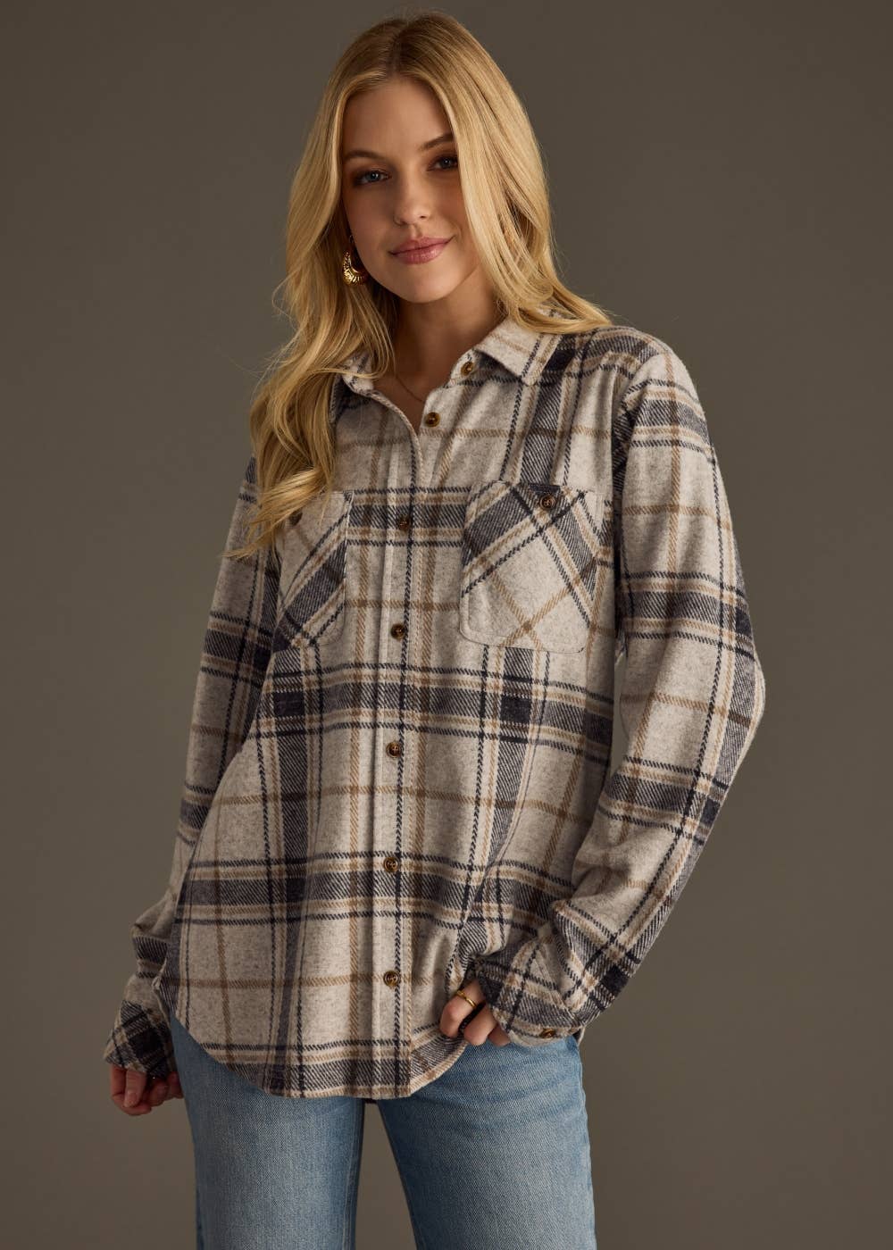 The Sutton Soft Brushed Plaid Button-Up – Black/ Lt Grey/ Brown