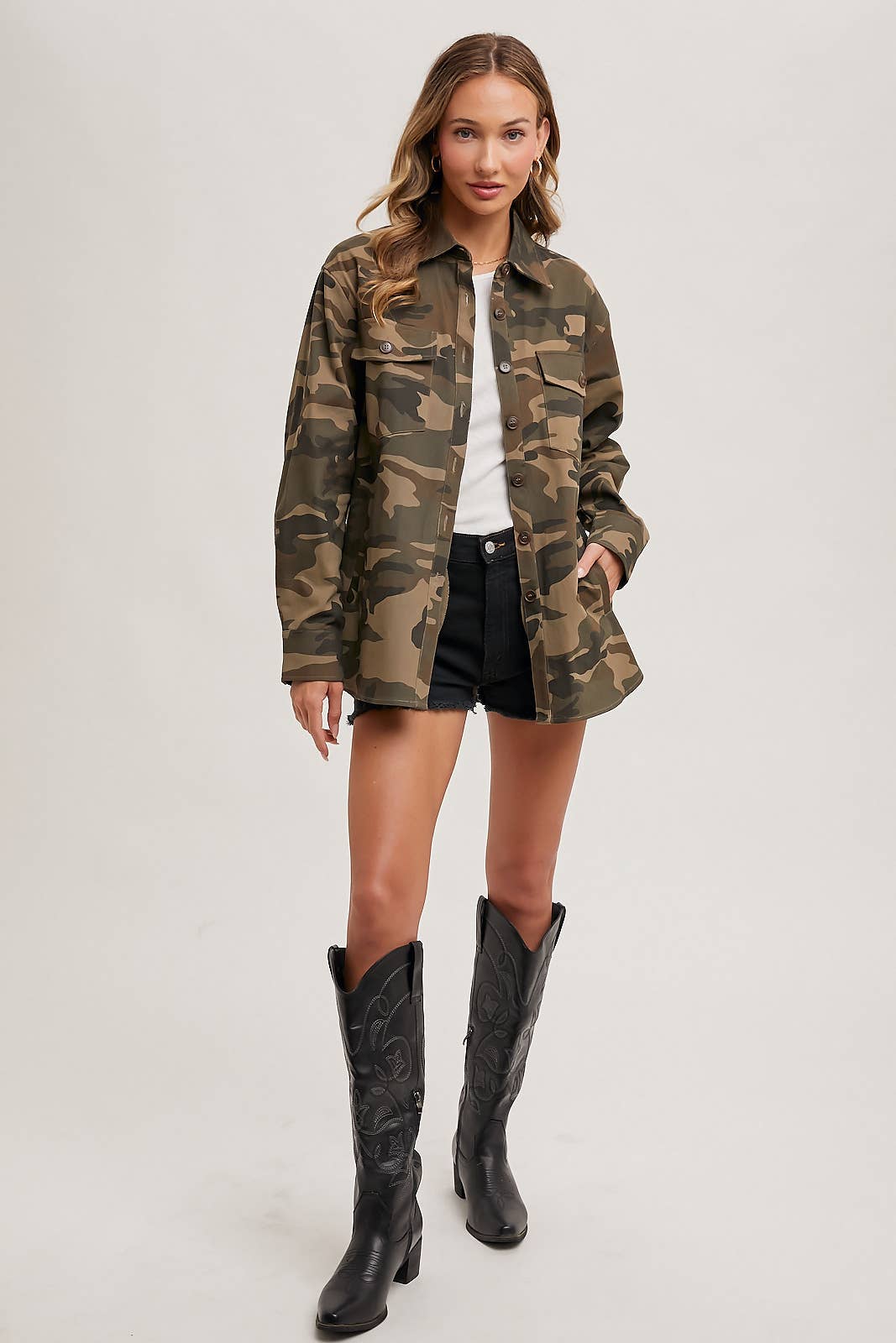 Andie Button Down Camo Shacket: Army