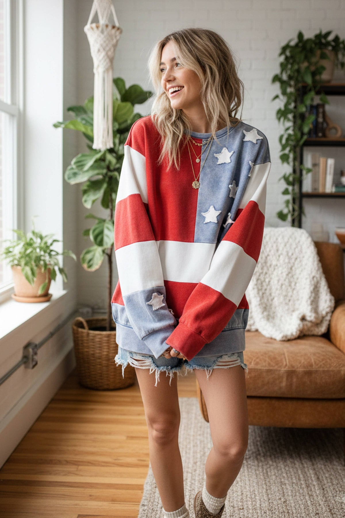Americana Flag Graphic Sweatshirt – Patriotic Crewneck Pullover for Women