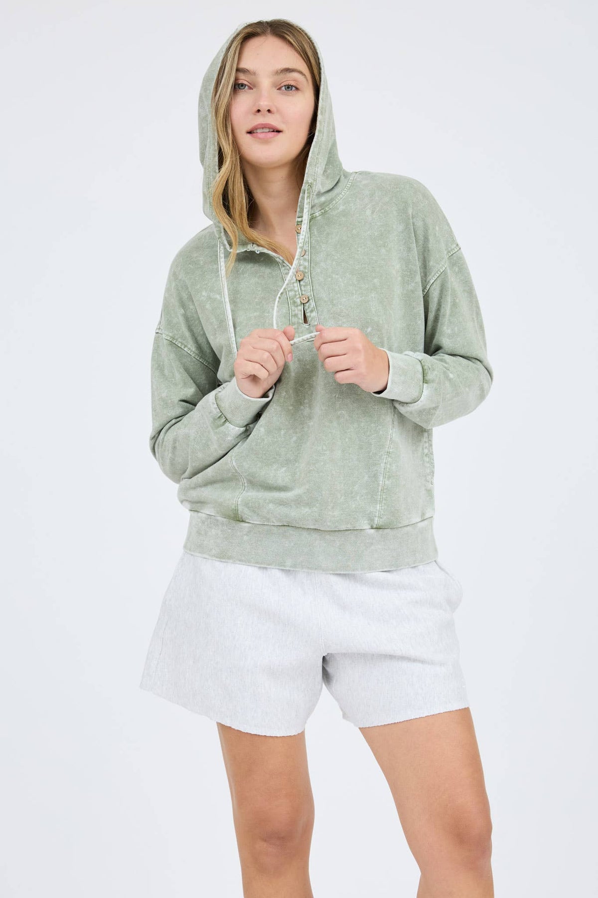 Jane Washed Hooded Henley Hoodie: Wash Olive