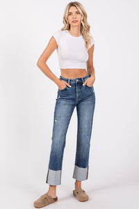 Remi High Rise Slim Straight Jeans – Dark Wash Cuffed Denim with Raw Hem