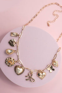 Juliette Gold Charm Necklace – Pearl Heart, Bow & Butterfly Pendant Chain