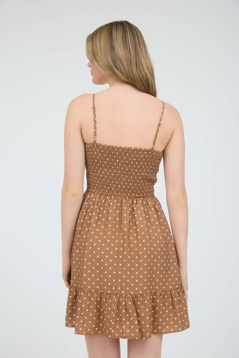 June Dotted Smocked Mini Dress – Mocha Polka Dot