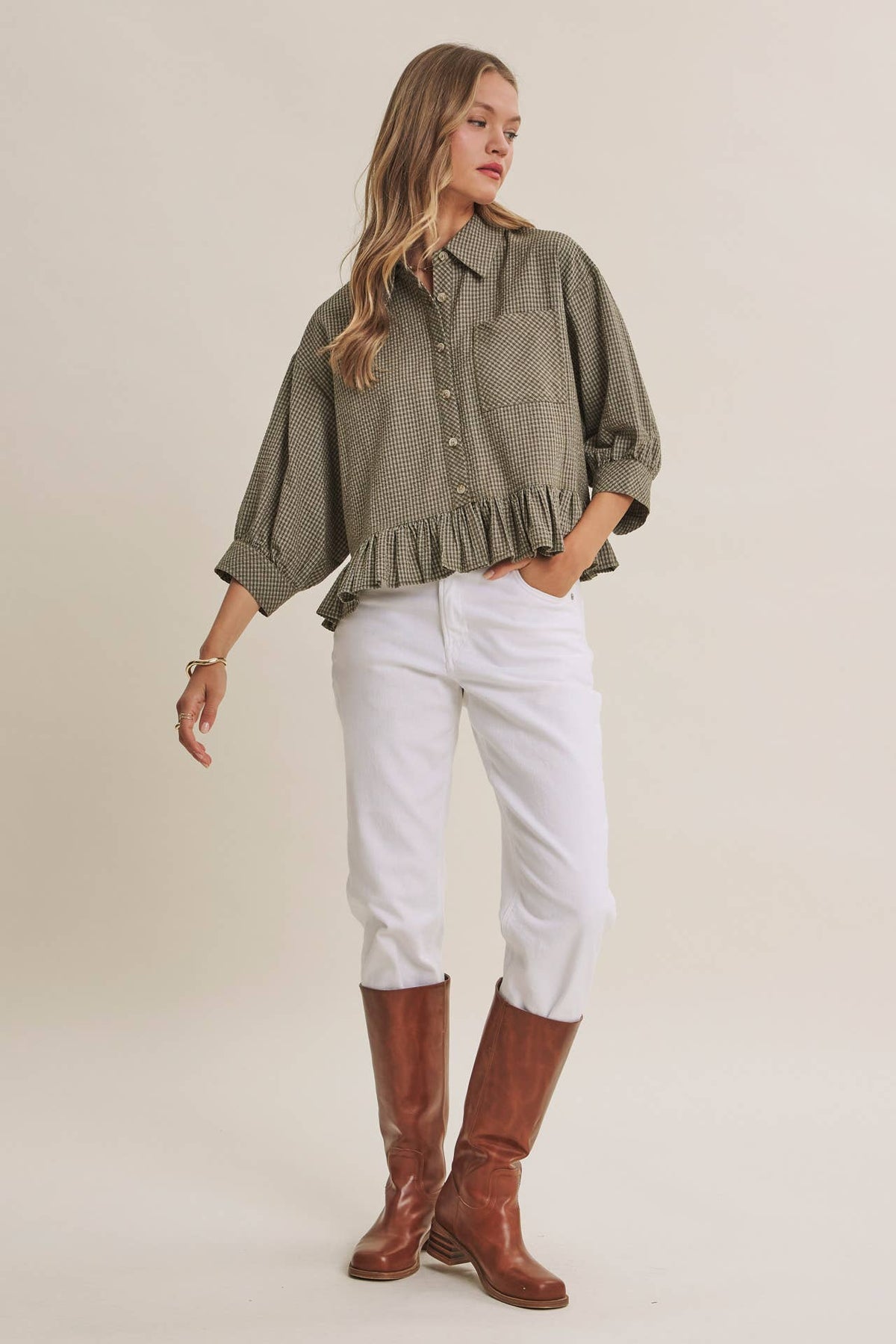 MORNING OAT MICRO CHECK RUFFLE HEM BUTTON-DOWN SHIRT: VANILLA / S