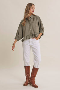 MORNING OAT MICRO CHECK RUFFLE HEM BUTTON-DOWN SHIRT: VANILLA / S