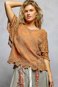 V-neck Short Sleeve Crochet Trim Solid Top: CAMEL / Os