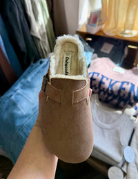 Bria Taupe Suede Buckle Clog with Faux Fur Lining