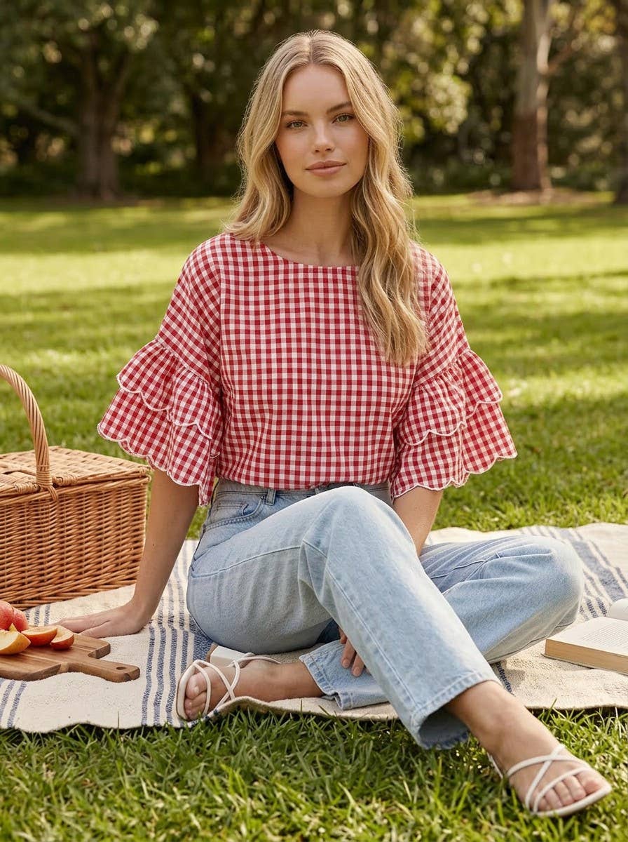 Charming Gingham Scallop Edge Wild Ruffle Sleeve Top VT83548: Brown / S