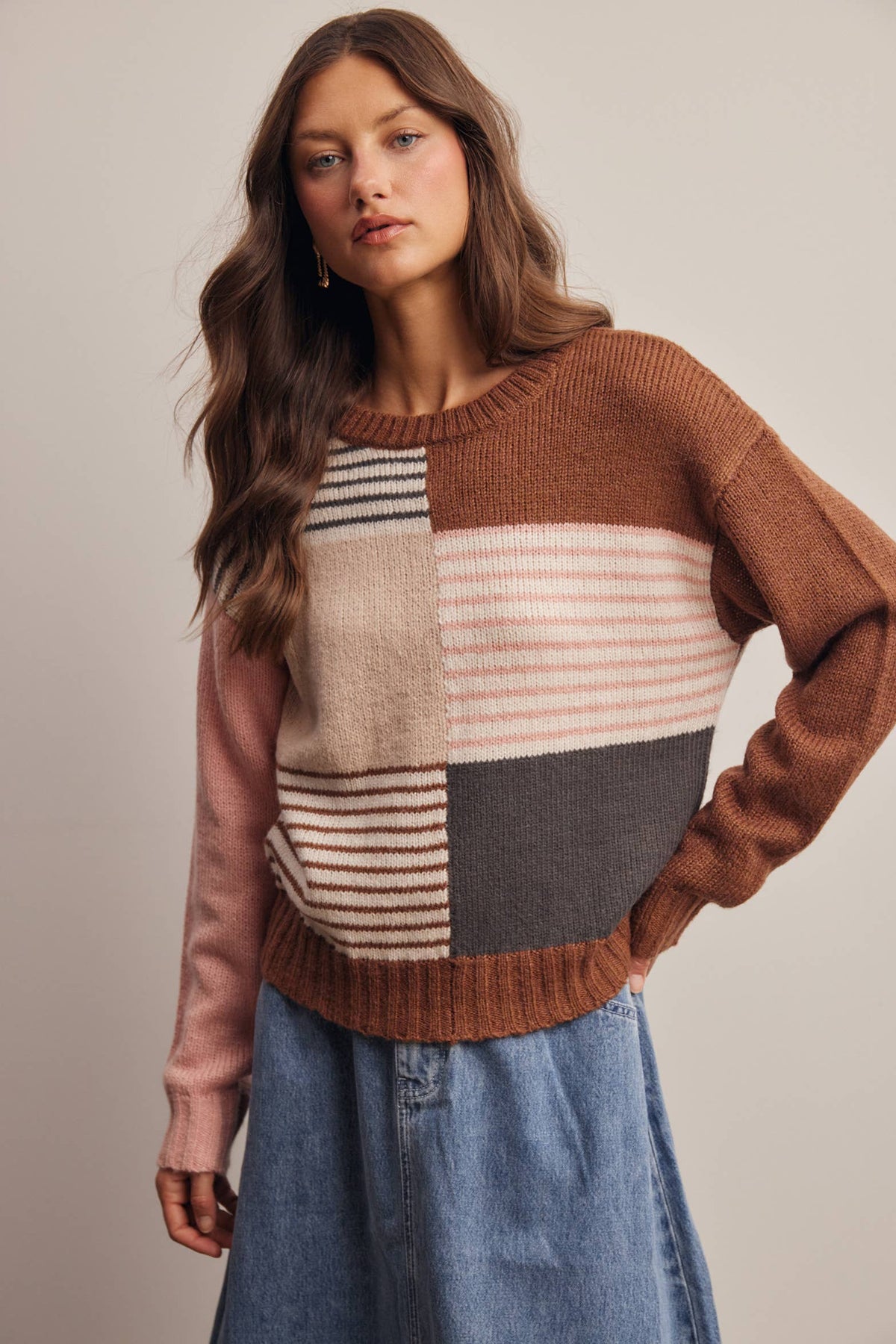 Worth the Mix Colorblock Sweater: Brown/ Multi