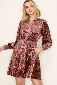 Elowen Velvet Floral Dress – Long Sleeve Smocked Waist Holiday Party Mini Dress with Pockets