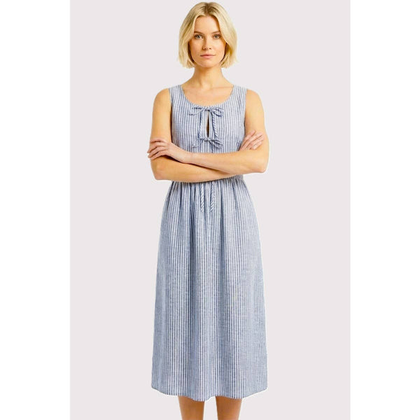 The Celestine Pinstripe Bow Midi Dress: Denim Blue – Sleeveless Keyhole Tie Neck Dress