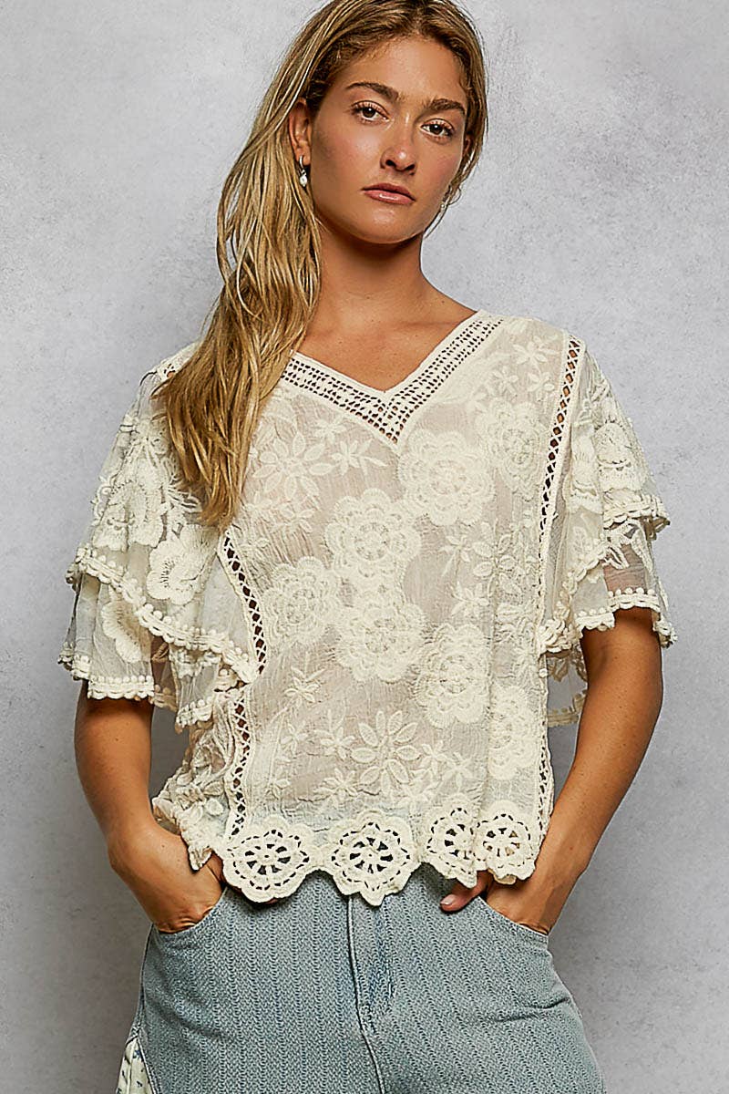 V-neck Short Sleeve Crochet Trim Solid Top: CAMEL / Os