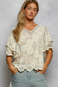 V-neck Short Sleeve Crochet Trim Solid Top: CAMEL / Os
