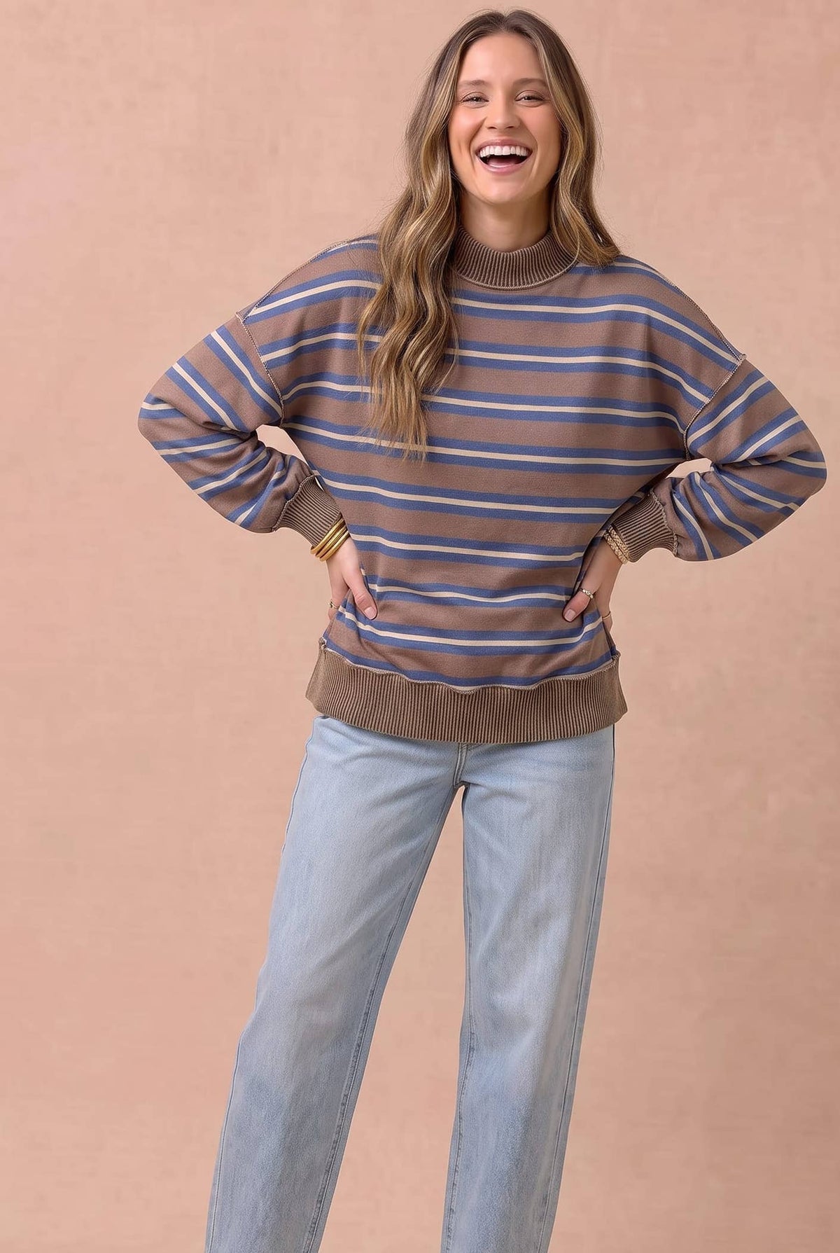 Between the Lines Stripe Pullover: Mocha