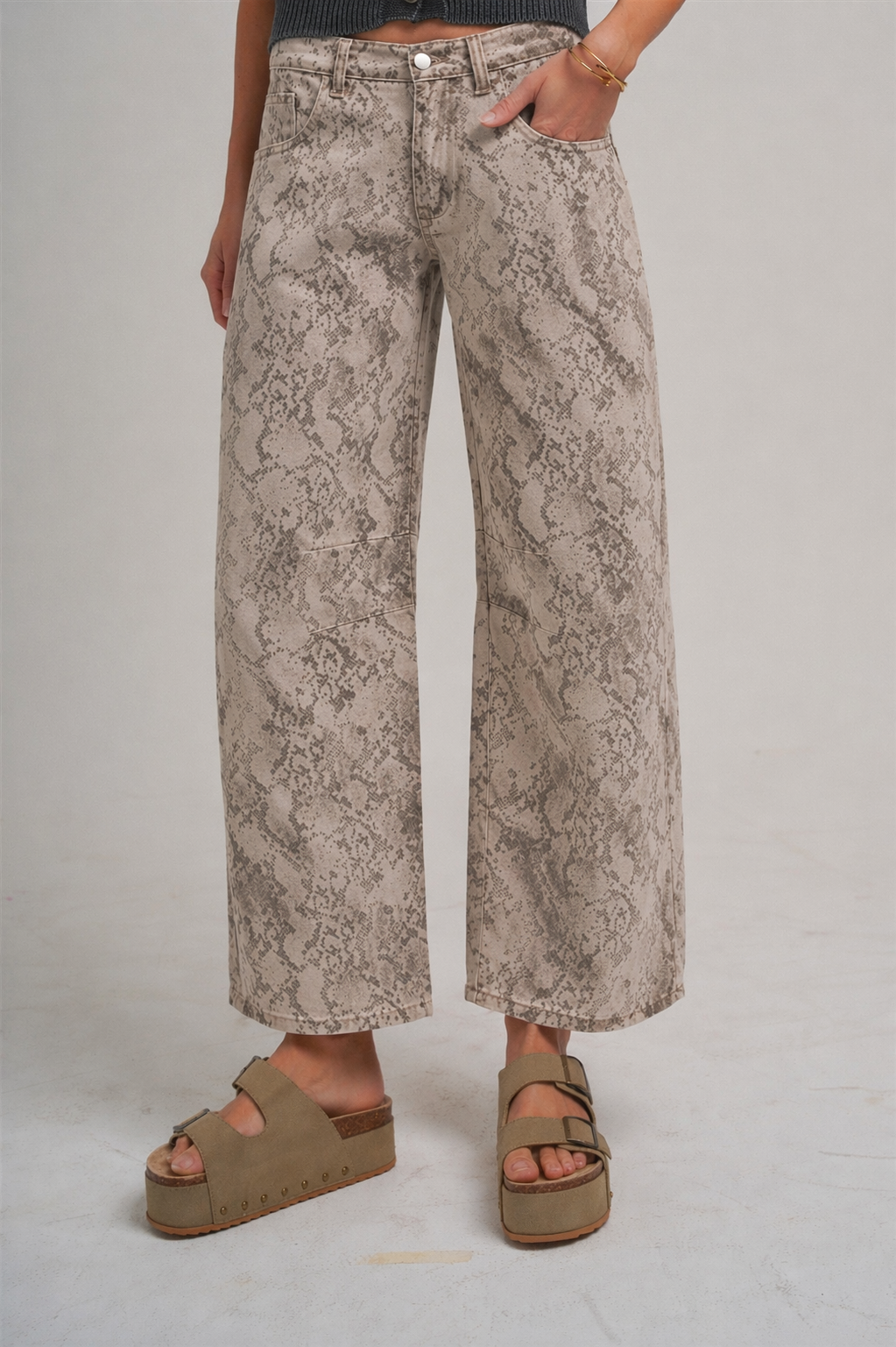 Wild Side Snakeskin Barrel Pants: vintage taupe