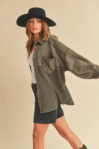 The Judie Mixed Media Vintage Wash Jacket : Charcoal – Relaxed Button Front Layering Shacket for Women