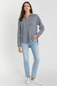 Brie Gingham Long Sleeve Button Down Lightweight Summer Blouse: Navy