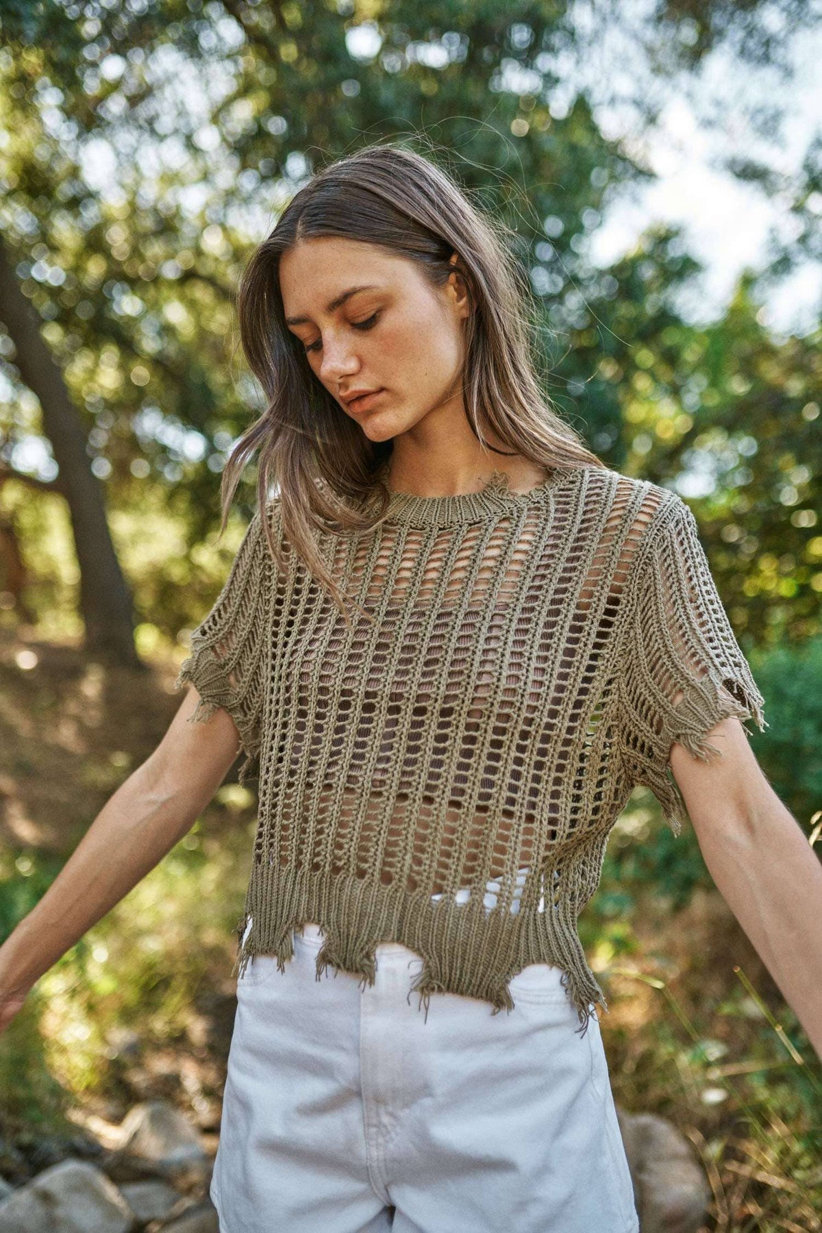 Sunny Daze Distressed Crochet Crop Top: Olive