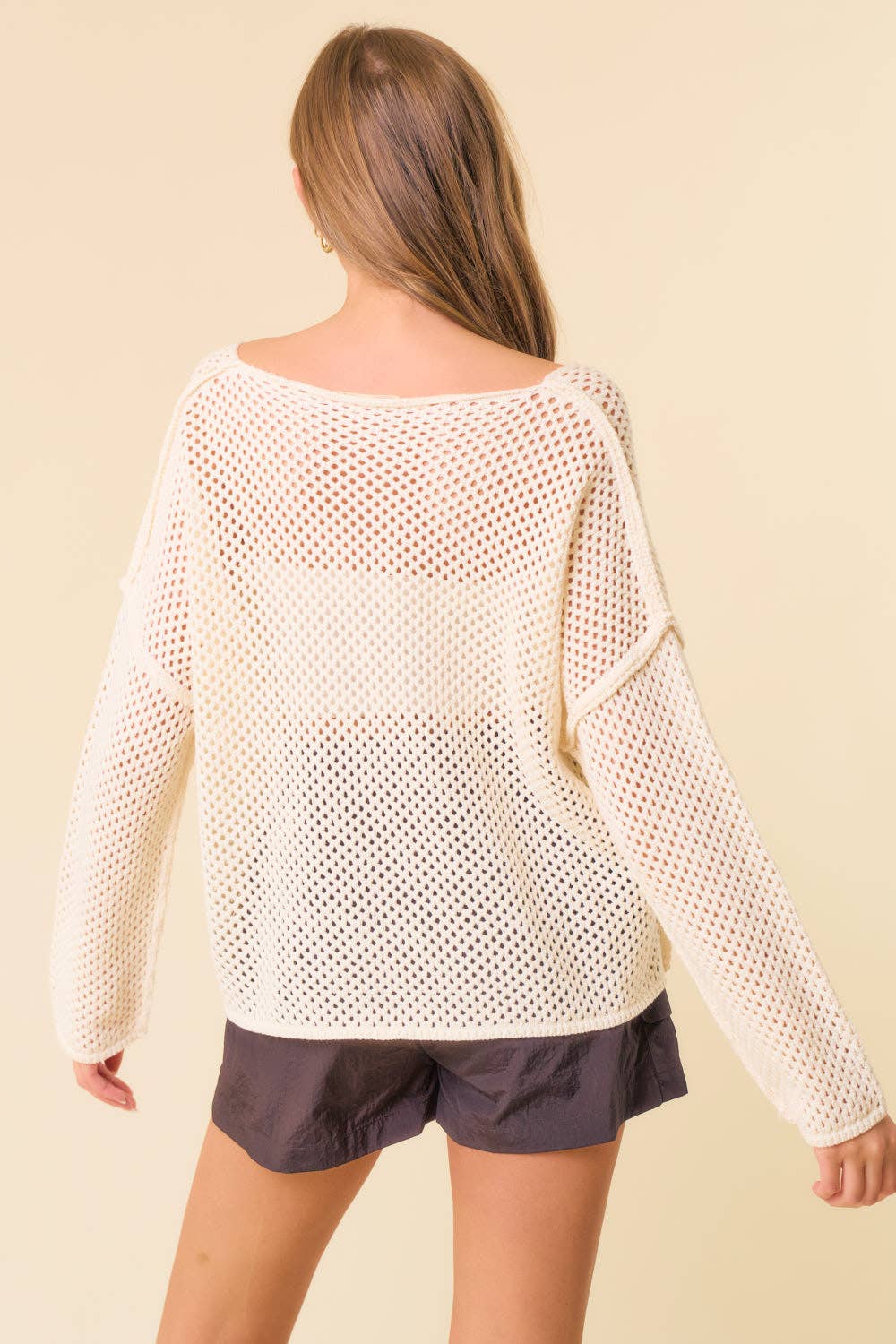 Ivy V-Neck Long Sleeve Fishnet Sweater Knit Top