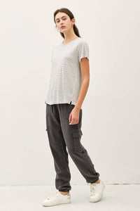The Brighton Cotton Linen Striped Tee: Charcoal – Lightweight Relaxed Everyday T-Shirt for Women