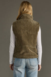 The Brynn Corduroy Puffer Vest – Olive Quilted Layer with Pockets