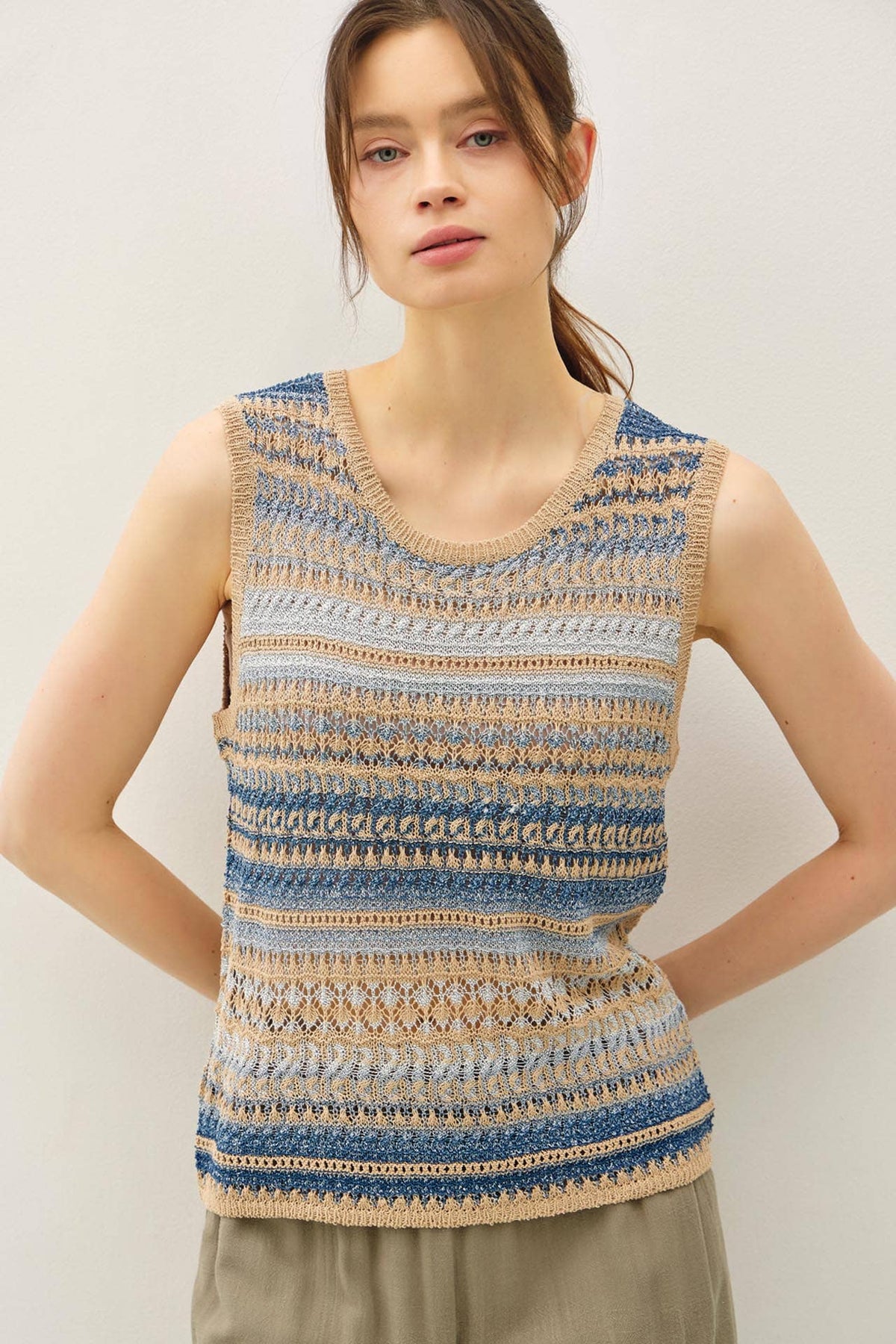 The Laine Striped Crochet Sweater Tank: Blue – Sleeveless Relaxed Fit Knit Top