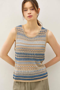 The Laine Striped Crochet Sweater Tank: Blue – Sleeveless Relaxed Fit Knit Top
