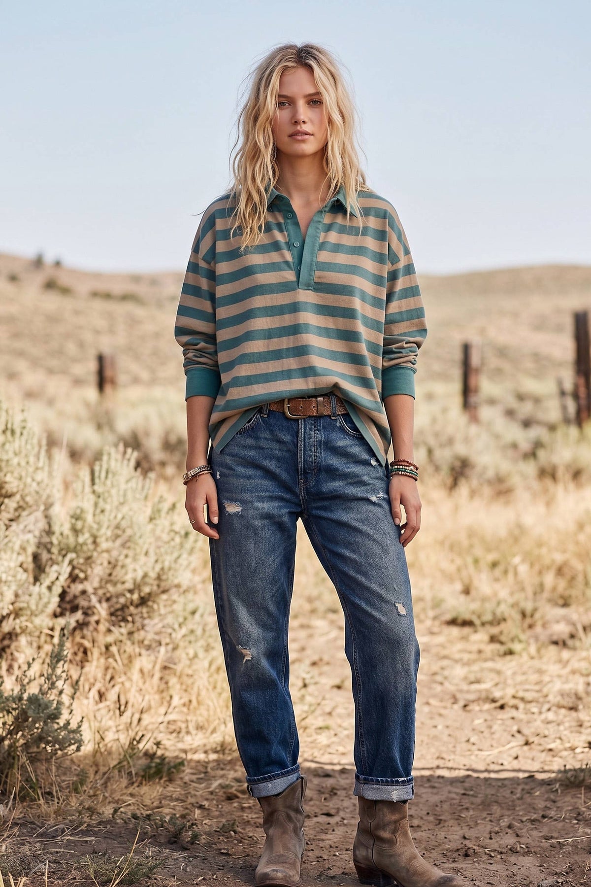 Out West Rugby Top: taupe/ dusty teal