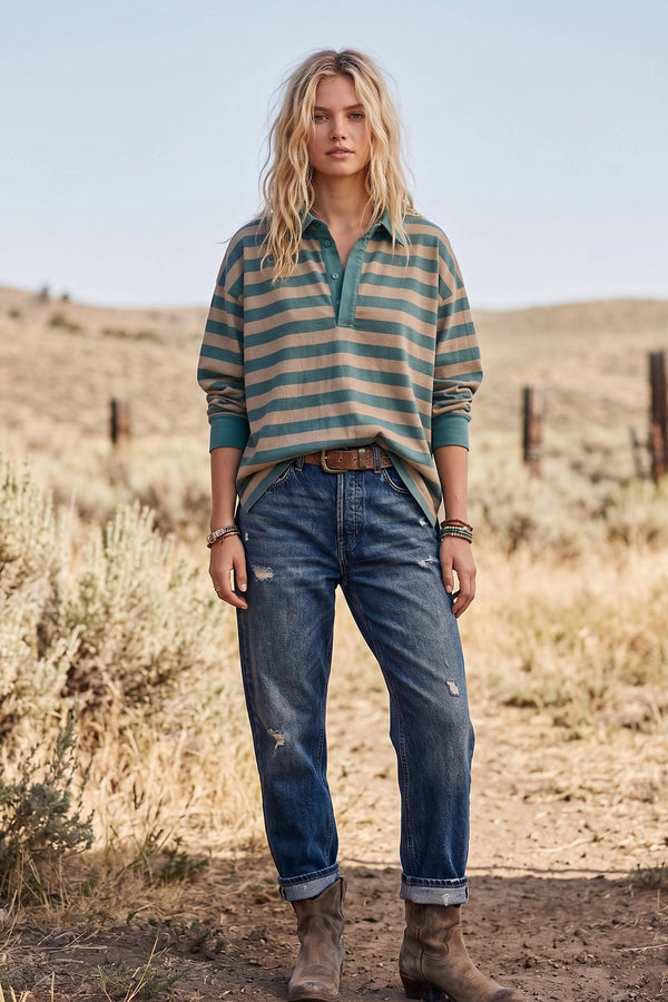 Out West Rugby Top: taupe/ dusty teal