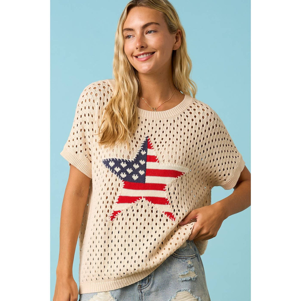 The Liberty Stars Crochet Sweater: Cream – USA Flag Patchwork Open Knit Pullover