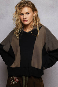 Notched Neck Contrast Fabric Basic Long Sleeve Top SALE: GREY MULTI / L