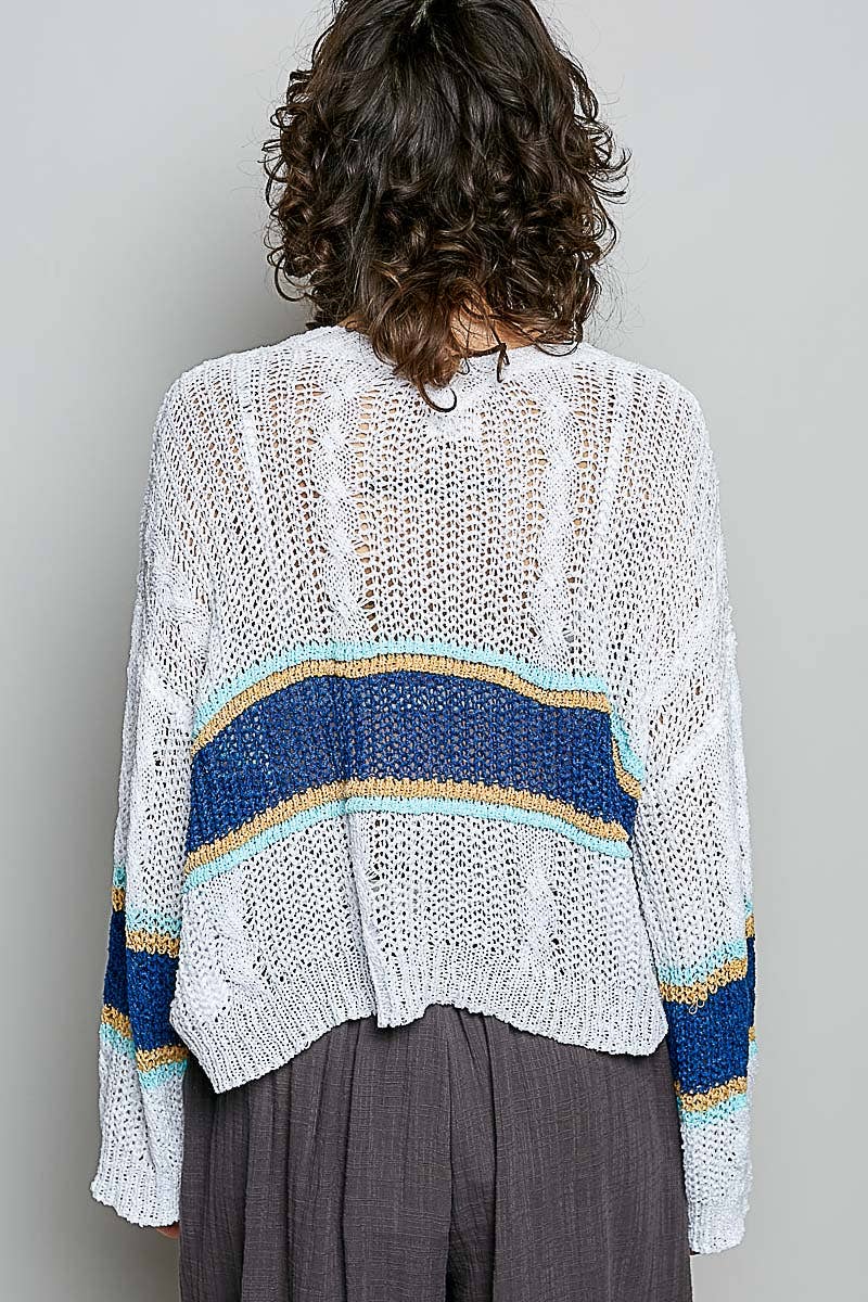 The Rowan Stripe Open Knit Sweater: Off White/  Blue