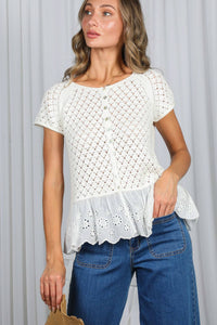 Eyelet Lace Ruffle Hem 100% Cotton Crochet Sweater VT82969: Cream / L