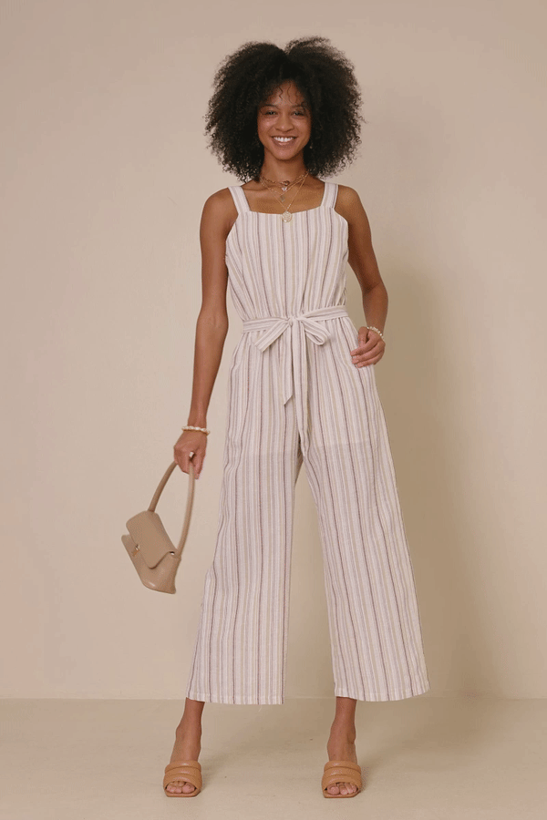Sunwashed  Striped Belted Sleeveless Jumpsuit: Taupe