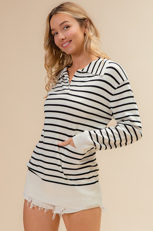 Going Coastal Collared Striped Long Sleeve Top: Ivory/ Black