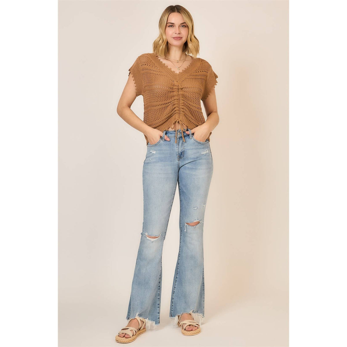 The Ava Ruched Knit Top: Camel