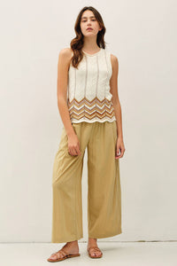 The Kinsley Crinkled Wide Leg Crop Pants: Sand  – Flowy Elastic Waist Casual Pants