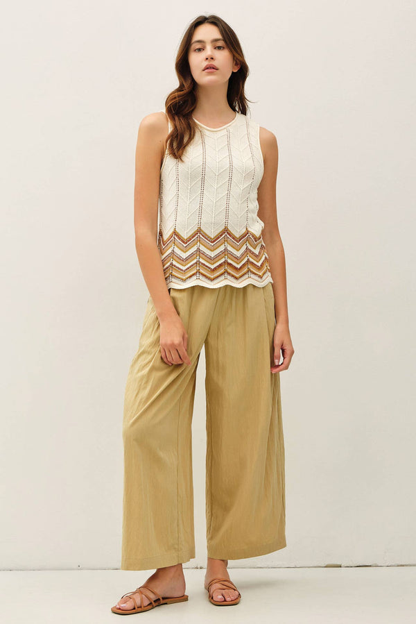The Kinsley Crinkled Wide Leg Crop Pants: Sand  – Flowy Elastic Waist Casual Pants