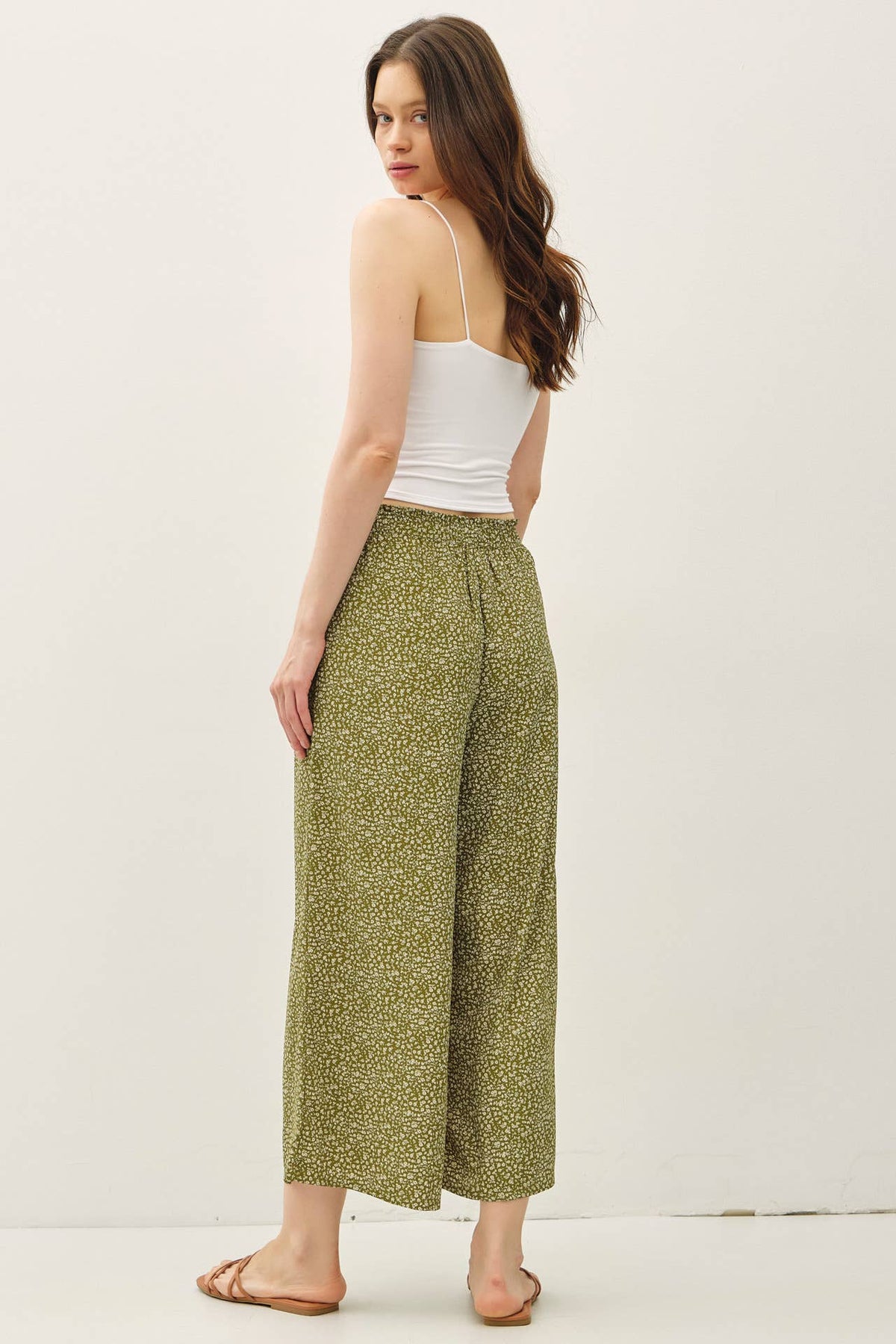 The Elsie Ditsy Print Wide Leg Pants:Avocado – Flowy High Rise Pull On Pants