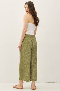 The Elsie Ditsy Print Wide Leg Pants:Avocado – Flowy High Rise Pull On Pants