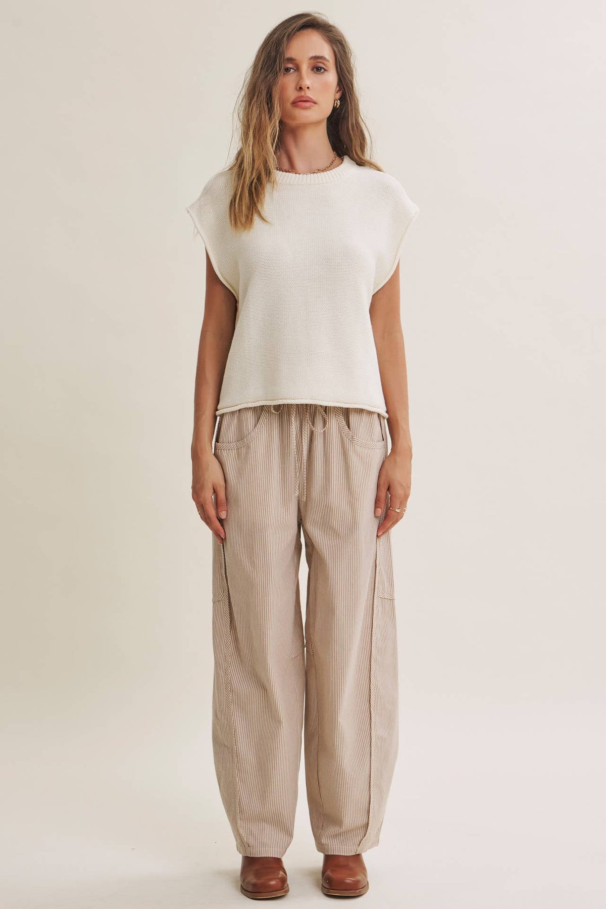 ALL ABOUT COMFORT ELASTIC STRIPE COTTON BARREL PANTS: DK. GREEN / L