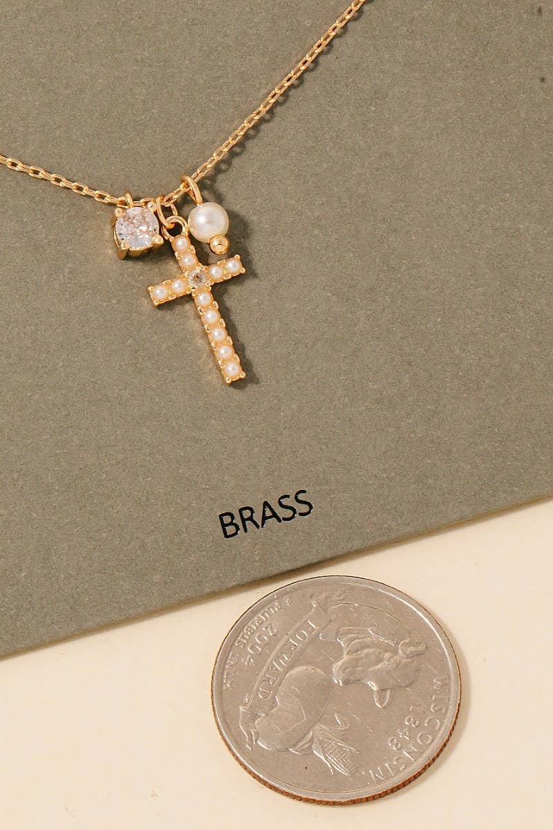 Cross Pearl And Stud Charms Chain Necklace: Gold