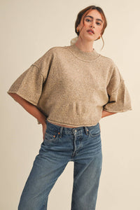 The Winterlyn Marled Mock Neck Sweater: Mocha Mousse – Semi-Cropped Short Sleeve Knit