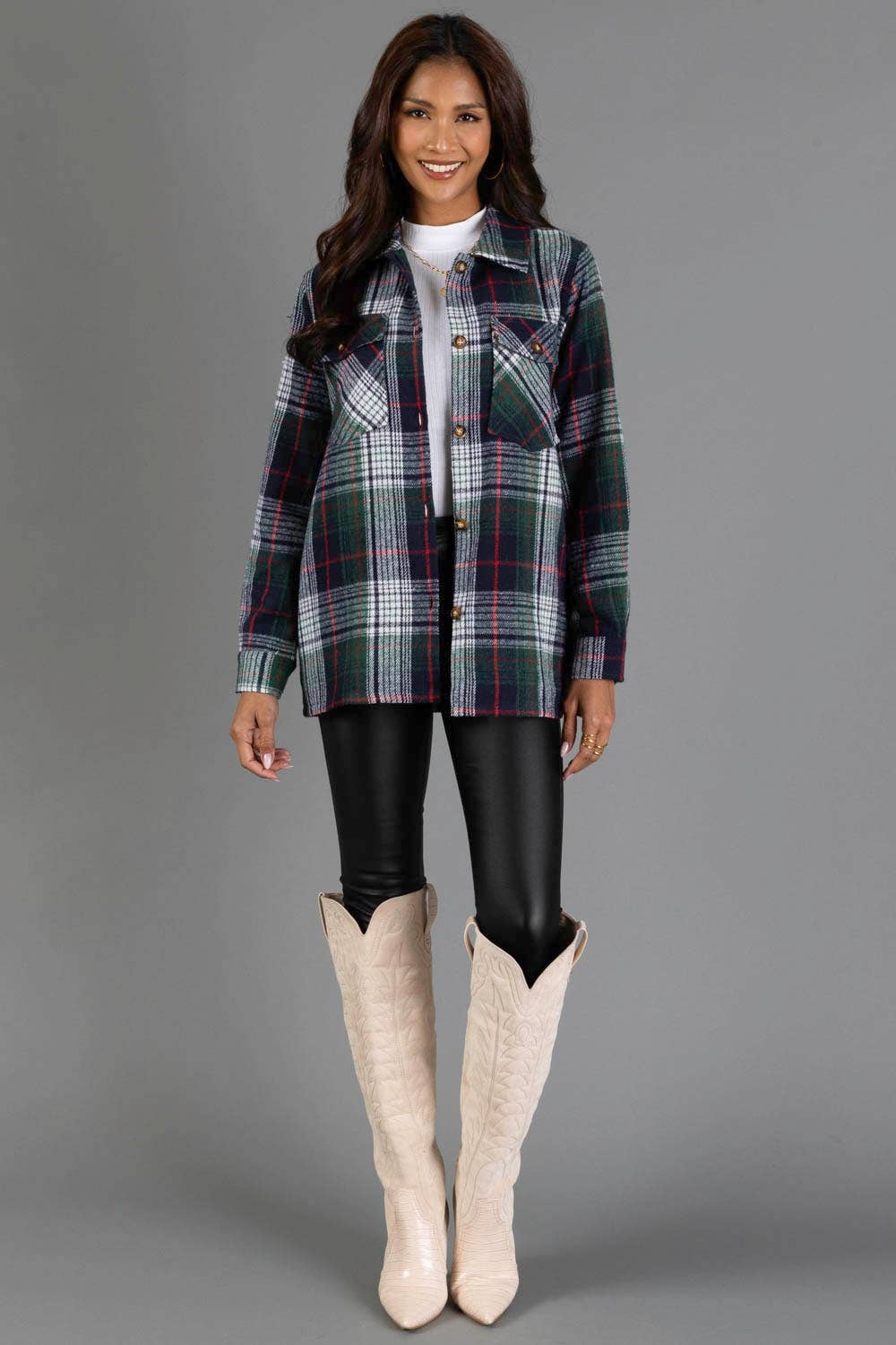 The Evergreen Plaid Shacket: Navy, Green, Red, White