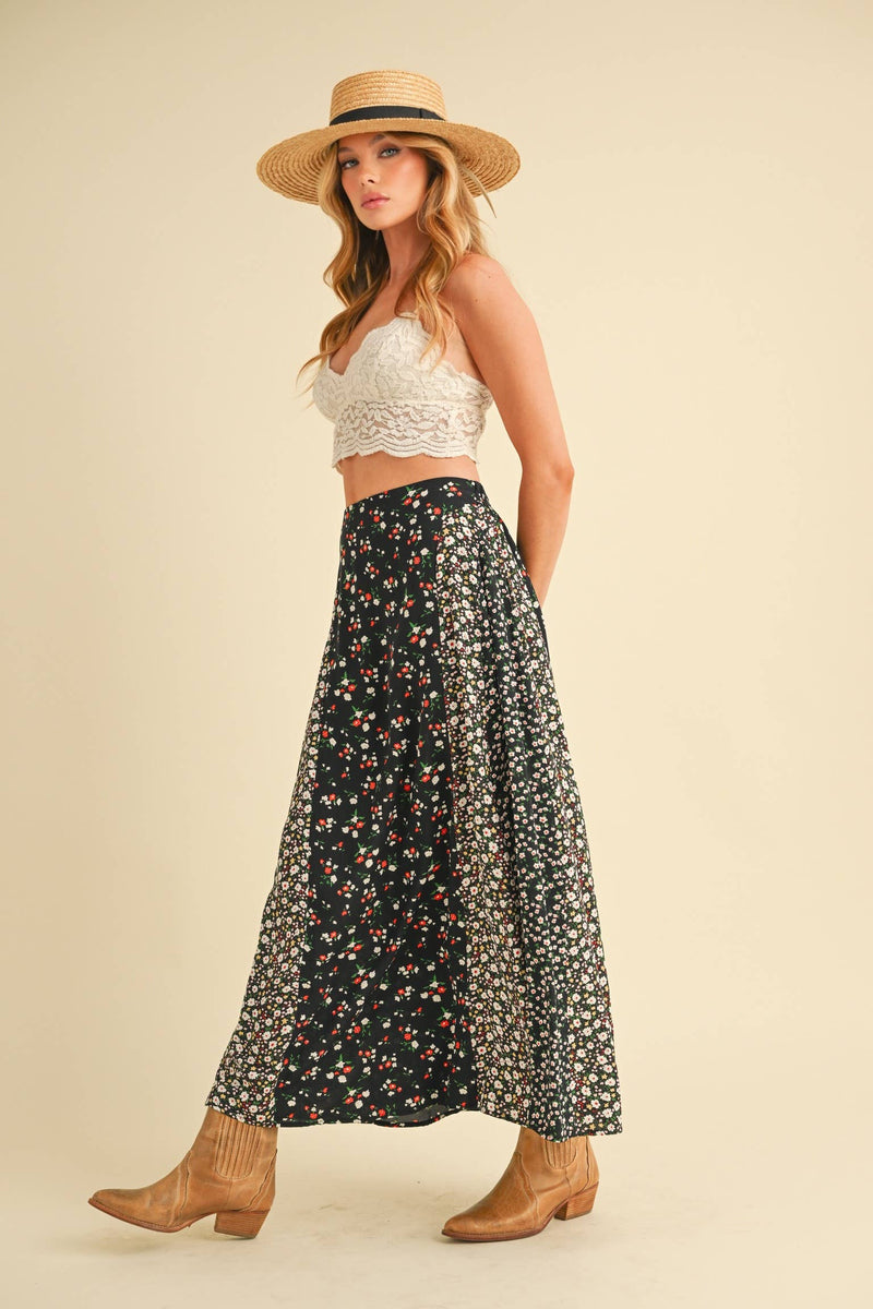 Melanie Floral Patchwork Maxi Skirt – Boho High Waist Flowy Skirt