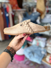 Very G Iris Braided Mules – Beige Suede Slip-On Shoes with Frayed Edge Detail